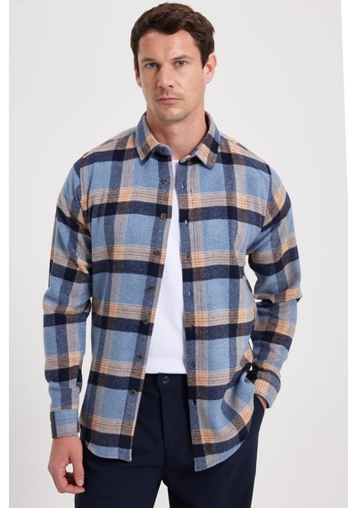 Tudors Erkek Slim Fit Dar Kesim Kareli Kışlık Oduncu Gömlek-42348 Mavi