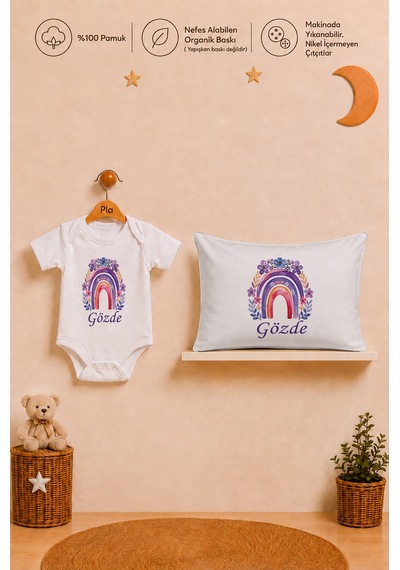 Pia Baby İsme Özel Erkek Bebek Hediyesi %100 Pamuk Organik Baskılı Body Yastık Kılıfı Ve Ham Bez Kıyafet Kesesi 1059byk0x Ekru
