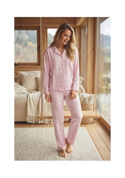 Pijamoni Kadın Süet Kumaş Önü Düğmeli Uzun Kollu Pijama Takımı Açık Pembe