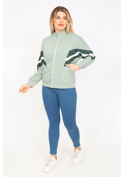 Şans Kadın Pembe 2 İplik Kumaş Ön Fermuar ve Şerit Detaylı Sweatshirt 65n35299-yeşil Yeşil
