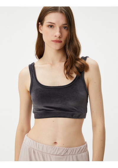 Koton Kadife Pijama Üstü Crop U Yaka Yumuşak Dokulu Antrasit 4wlk90015mk Antrasit
