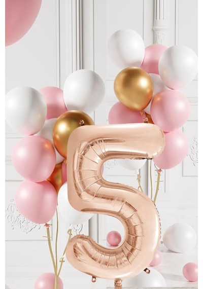5 Yaş Retro Gold Pembe Beyaz Balon Seti Rose Gold Rakamlı Doğum Günü Balonu Şık Parti Süsleme Çok Renkli