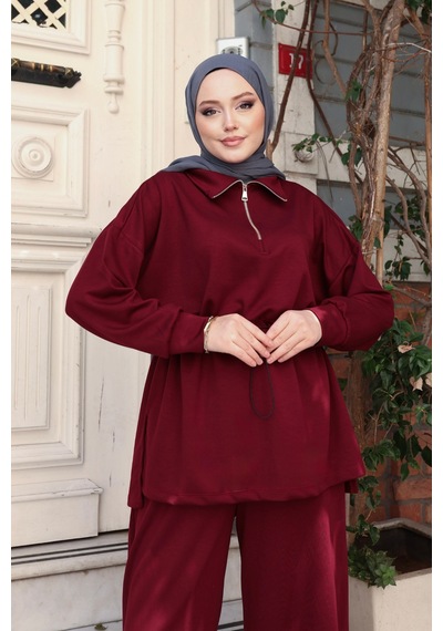 Balenbi Kadın Oversize Kesim Fermuarlı Yaka Bel Stoperli Modal Takım 1234 Bordo