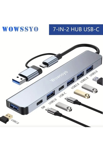 Wowssyo 7'nin 2'si Usb 3.0/usb 2.0/type-c/ Çoğaltıcı Hub Çoklayıcı Ce Sertifikalı Lisanslı 7 Port Hızlı Sağlam Metal