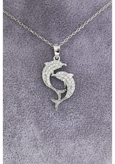 Omar Silver Kadın Çift Yunus Model Zirkon Taşlı Gümüş Kolye (513866973)
