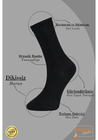 Harmony Collectıon Bambu Kadın Siyah Uzun Soket Çorap 6 Çift Özel Kutulu, Burun Dikişsiz, Premıum Socks