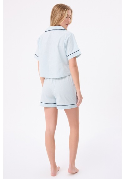 Lespadon Marısılk Seastrıpe Kadın Yazlık Şortlu Crop Gömlekli Pijama & Lounge Takımı-3174 Yesil