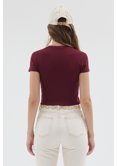 Urbantrendstore Kadın Bisiklet Yaka Likralı Kısa Kol Body Crop Bluz Günlük Şık Sade Yazlık Casual Crop Kadın Crop Bordo