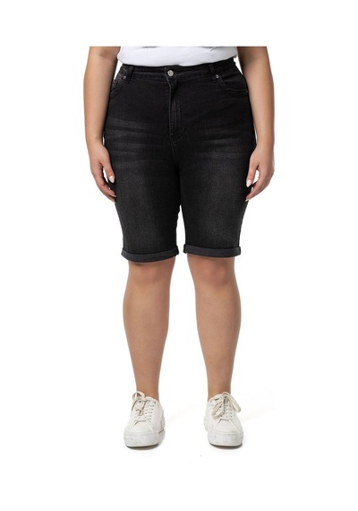 Büyük Beden Paçası Katlamalı Beş Cepli Denim Siyah Şort-siyah Siyah