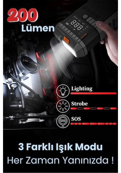 Akü Takviye Cihazı 4'ü 1 Arada Powerbank, Hava Kompresörü, Lcd Ekran, 12.000mah 150psı