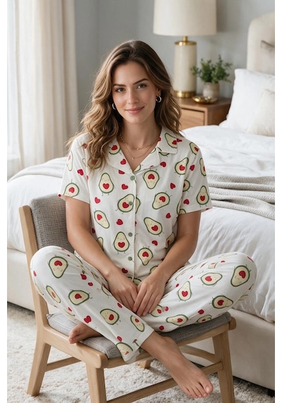 Findit Avokado Desenli Kısa Kollu Gömlek Yaka Milan Kumaş Kadın Pijama Takımı Renkli