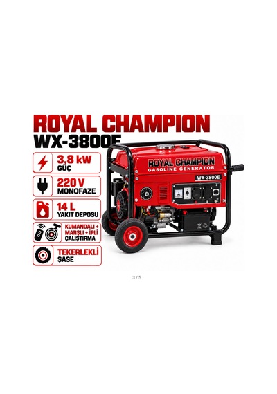 Algaride Royal Champion Wx-3800e 3,8 Kw Benzinli Jeneratör Uzaktan Kumandalı Marşlı Ve İpli 220 V Monofaze Tekerlekli
