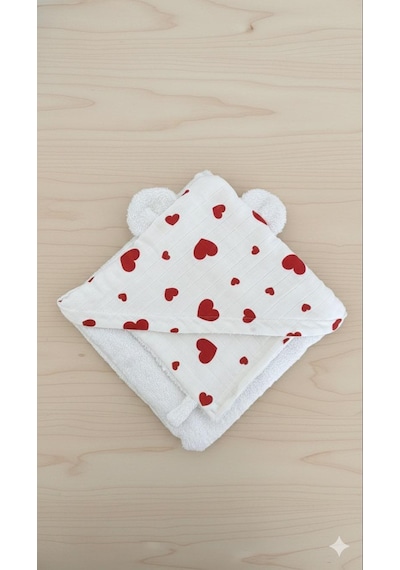 Heianmono Kundak Bebek Banyo Havlusu Dışı Müslin İçi Havlu (%100 Pamuk) (75x75 Cm) (Kalpli) (0 - 24 Ay)