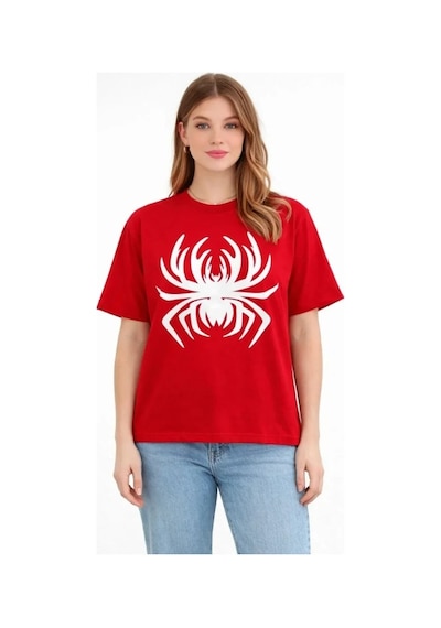 Defymoda Örümcek Baskılı Tişört Kısa Kollu Bisiklet Yaka T-shirt - Kırmızı