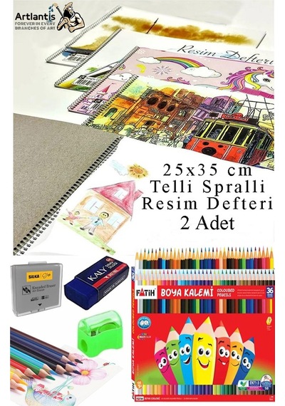 36 Renk Kuru Boya Fatih 25x35 Cm Telli Spralli Resim Defteri Hamur Silgi Kalemtraş 15 Yaprak Resim Defteri Kuruboya Çok Renkli