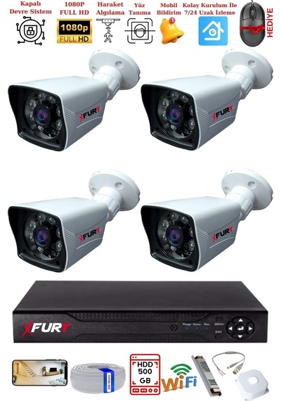 Fury 4 Kameralı 2mp Full Hd Görüntü 6 Atom Led Gece Görüşlü Dış Mekan Güvenlik Kamerası Seti 500gb