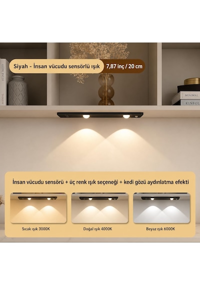 Hareket Sensörlü Slim Led Kabin Armatürü Dekoratif Dim Edilebilir Usb Şarjlı Aydınlatma Siyah,