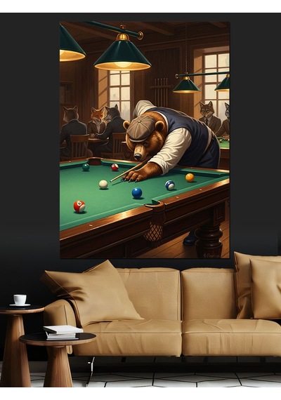 Bilardo Masasında Düşünen Ayı Figürü Dekoratif Kanvas - Mdf Ahşap Tablo