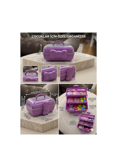 Çocuk Takı Ve Toka Organizeri Otomatik Açılır Katlı Düzenleyici Kutu 27x15x15 Cm Pembe Taşınabilir Çok Bölmeli Saklama Çantası Mor