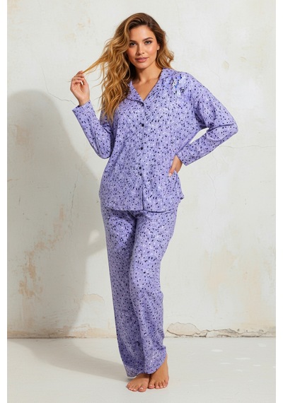 Süet Gömlek Pijama Takımı 7106 Çiçekli Lila LILA