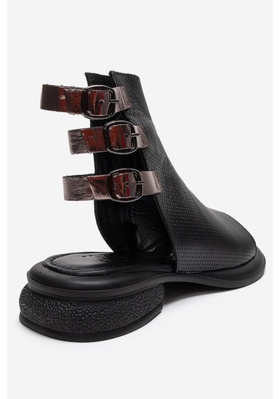 Luvishoes Carına Siyah Cilt Hakiki Deri Yandan Fermuarlı Kadın Sandalet