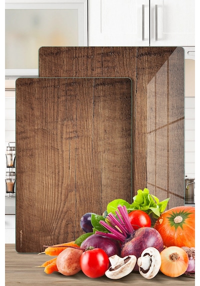 2'li Cam Kesme Tahtası Ve Sunumluk Eski Ahşap Desenli 20 X 30 Ve 25 X 35 Cm Çok Renkli