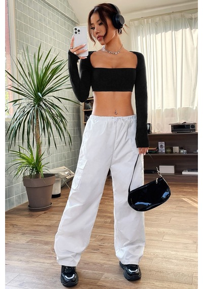 Angbutik Kadın Siyah Uzun Kol Göğüs Ve Sırt Dekolteli Crop Top Bluz