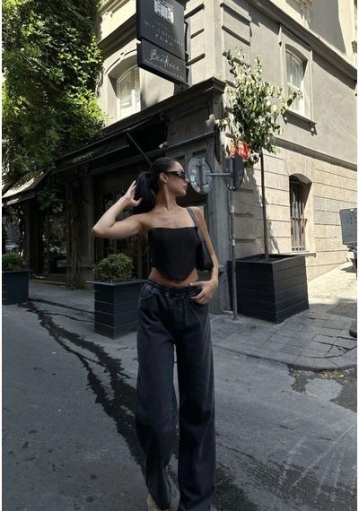 Freedom Storee Kadın Arkadan Yırtmaçlı Jeans Kot Palazzo Pantolon - Siyah Çok Renkli