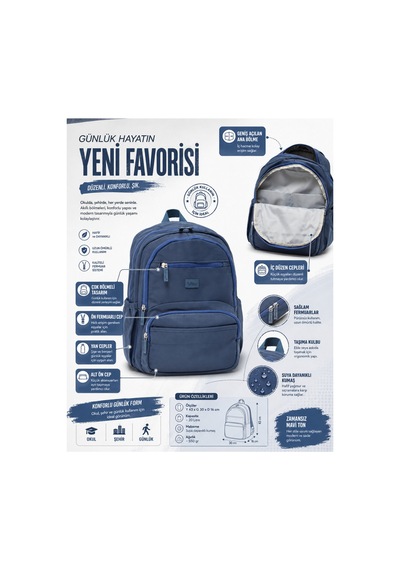 Kaff Young 17303 Mavi Laptop Bölmeli Unisex Sırt Çantası