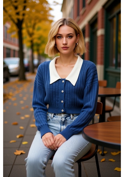 Benerly Kadın Bebe Yaka Detaylı Fitilli Triko Crop Hırka Düşük Omuzlu Uzu Indigo
