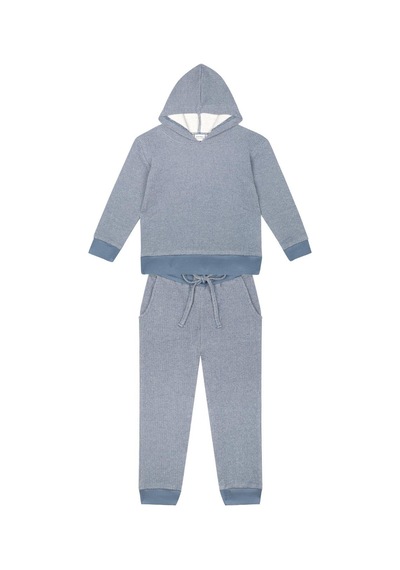 Antebies Organik Mavi Dokulu Futter Bel Lastikli Bağcıklı Kapüşonlu Uzun Kol Çocuk Sweatshirt Eşofman Takımı