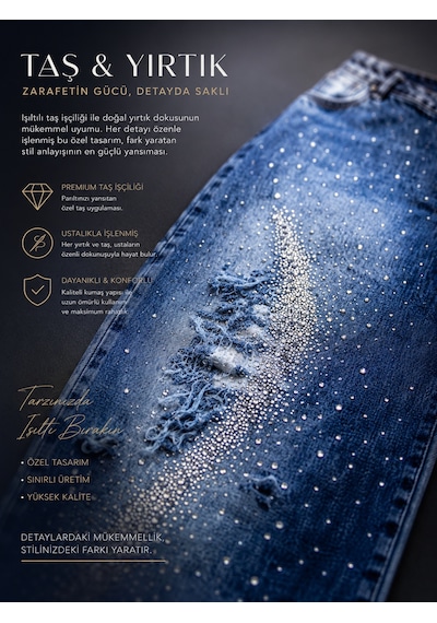 Büyük Beden Denim Beli Lastikli Taşlı Yırtık Detaylı Bol Kesim Kadın Pantolon Mavi