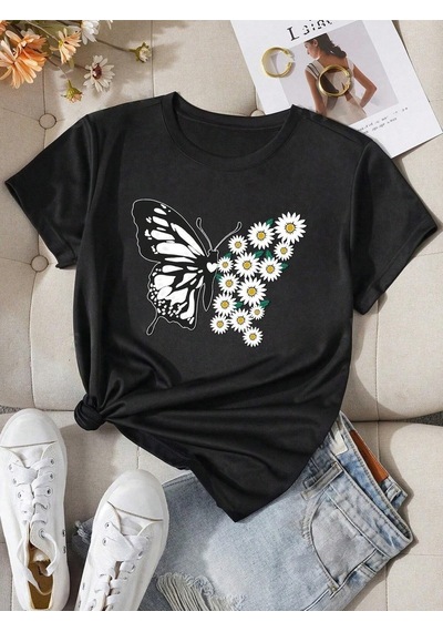 Flood Of Style Kadın Siyah Kelebek Papatya Baskılı Oversize