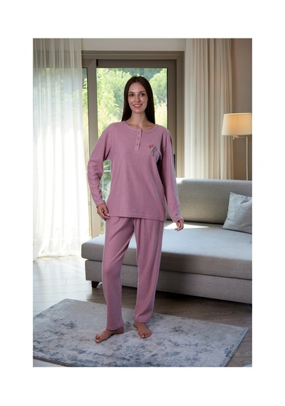Estiva Kadın Nakış İşlemeli Patlı İnterlok Şardonlu Pijama Takımı Pudra
