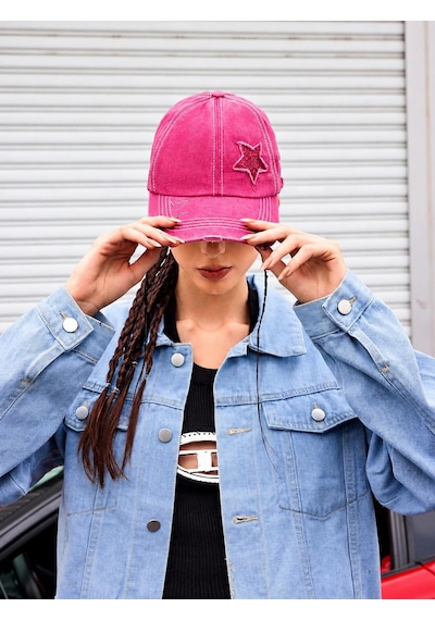 Valkyrie Vintage Pembe Yıldız Nakışlı Şapka Unisex Eskitme Baseball Cap Ayarlanır Pamuk Günlük Şapka