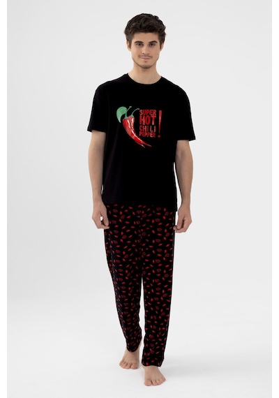 Erkek Pamuklu Kısa Kollu Chilli Baskılı Cep Detaylı Pijama Takımı Ke30101.34 Kırmızı - Siyah