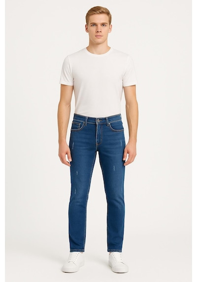 Erkek Slim Fit Dar Paça Esnek Likralı Denim Jeans Kot Pantolon - 7410 Mavi