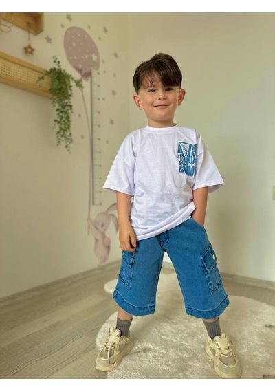 Miniko Kids Erkek Çocuk Kot Cep Kapri Modelli Pamuk Şortlu Takım Beyaz