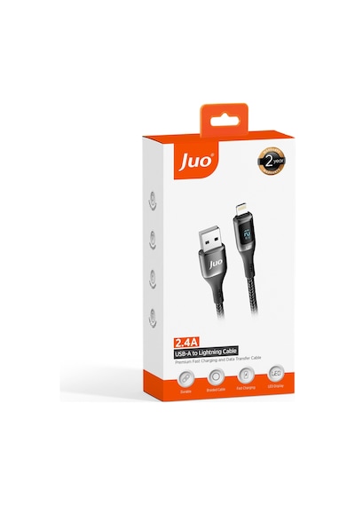 Juo 12W Dijital Led Ekranlı Usb-a To Lightning Apple Uyumlu iPhone iPad Örgülü Hızlı Şarj ve Data Kablosu 2M