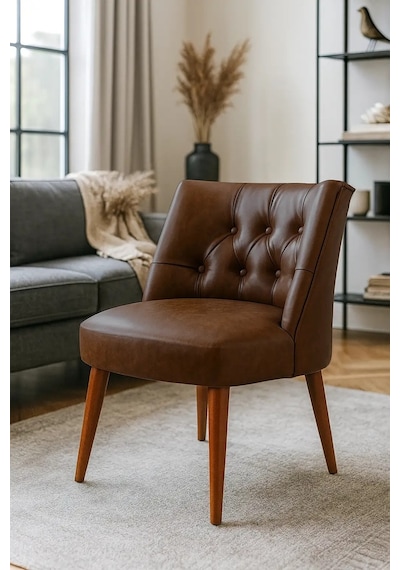 Waterybrook Berjer Sandalye - Kapitoneli Suni Deri - Ceviz Ahşap Ayaklı - Retro Modern Tasarım Acı Kahverengi