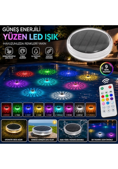 Güneş Enerjili Yüzen Havuz Led Işığı 9 Renk Kumandalı Su Geçirmez Dekoratif Havuz Lambası 1