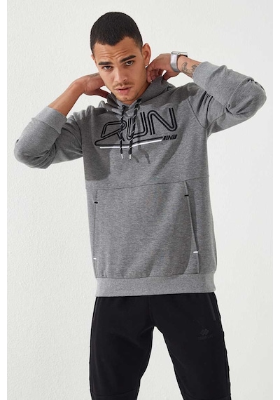 Tommy Life Gri Melanj Yazı Nakışlı Standart Kalıp Kapüşonlu Erkek Sweatshirt - 87887 GRİ MELANJ