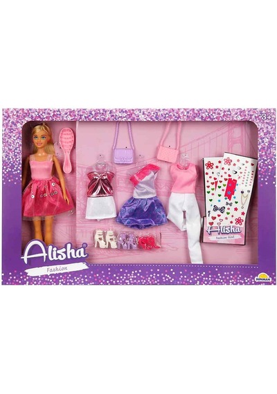 Alisha Fashion Yedek Kıyafetli & Stickerlı Moda Oyunu, 29 Cm Moda Bebek Seti