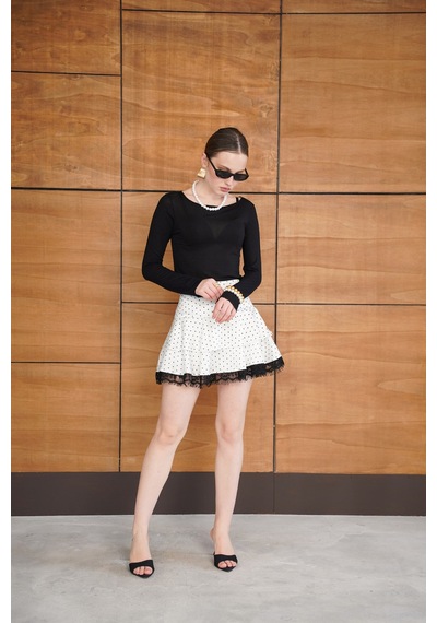 Verymoda Puantiyeli Dantel Detaylı Saten Etek D2962 Krem