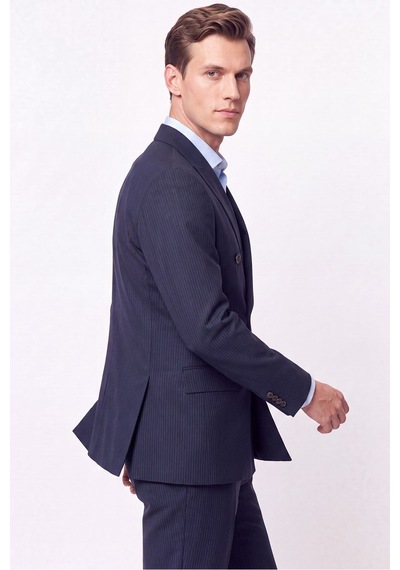 Efor Slim Fit Çift Yırtmaç %95 Pamuk Sık Çizgili Lacivert Kruvaze Takım Elbise Tk 944