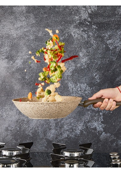 Creamy 28 Cm Granit Wok Tava Krem