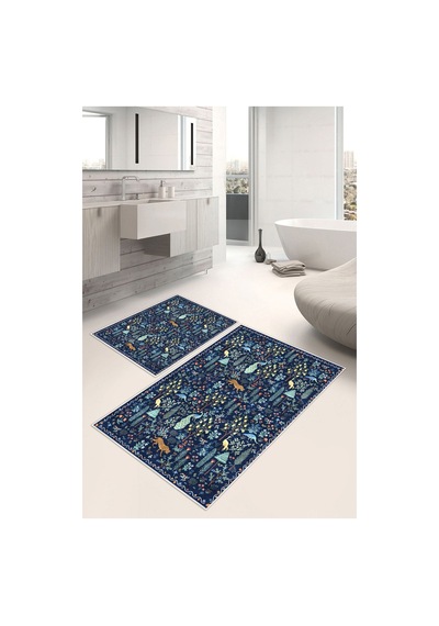 Modern Desenli Baskılı Kaymaz Taban 2li Set Banyo Paspası Klozet Takımı 50x60cm-60x100cm lacivert