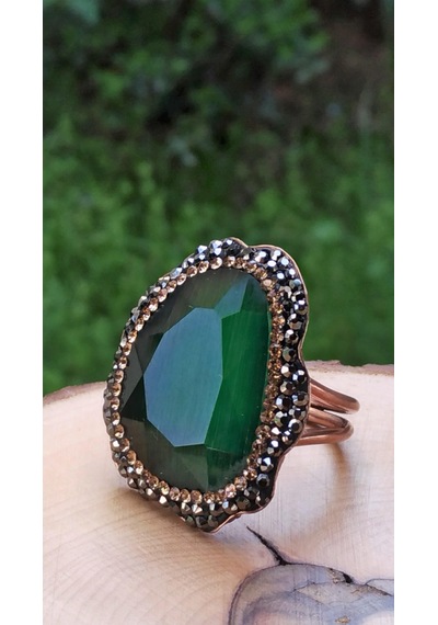Stoneage Yeşil Kristal Ayarlanabilir Bayan  Yüzük Bronz