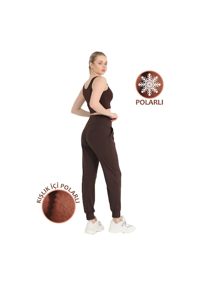 Kadın Koyu Kahve Polarlı Kışlık Eşofman Altı Jogger Yüksek Bel Şardonlu Dalgıç 1062 Koyu Kahve