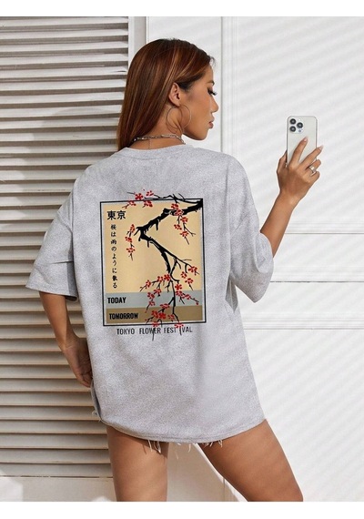 Flower Festival T-shirt - Gri Baskılı Oversize Bisiklet Yaka Kısa Kol Gri